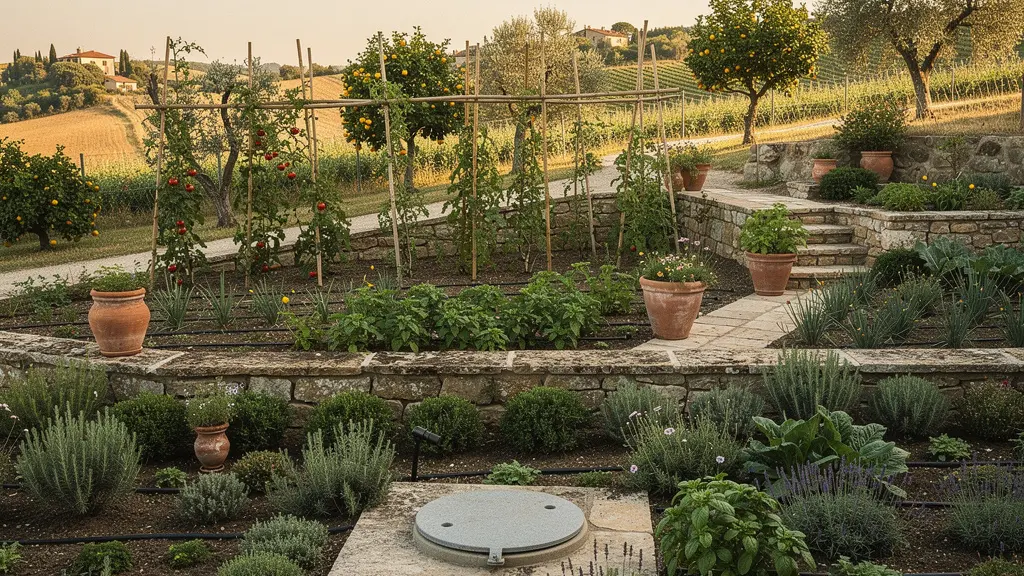 Sistema di recupero acqua piovana con cisterna interrata e irrigazione del giardino in estate