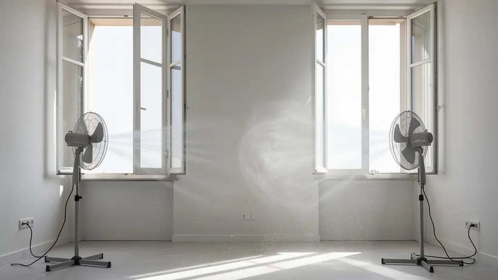 Stanza con finestre aperte e ventilatori per aerazione dopo disinfestazione