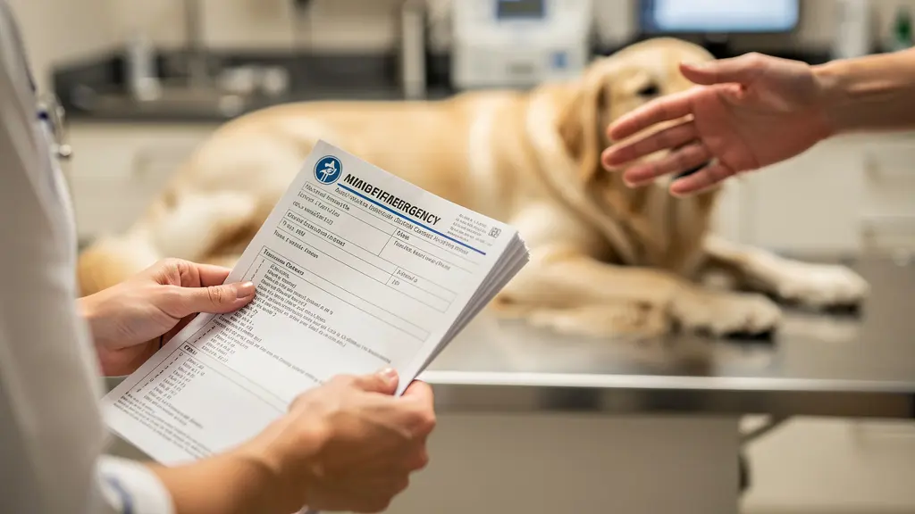 Mani di un veterinario che consultano documenti di emergenza con un animale domestico in primo piano sfocato.