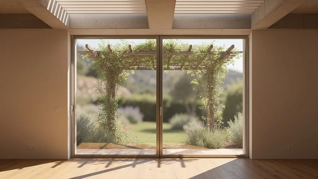 Sistema di vetrate orientate a sud con aggetti e frangisole per il controllo solare stagionale