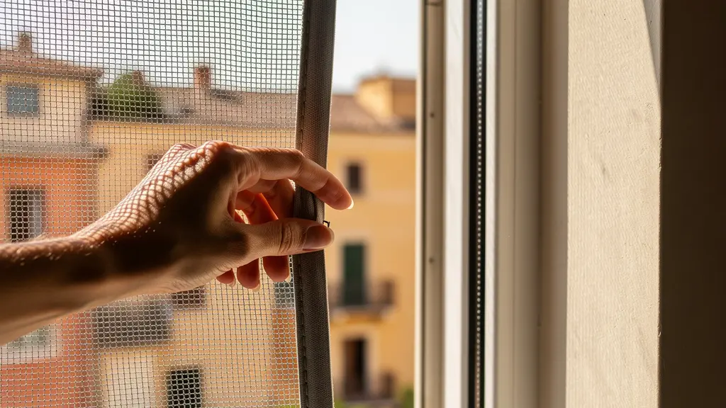 Vista ravvicinata di una zanzariera magnetica installata su una finestra, mostrando il sistema di chiusura magnetica